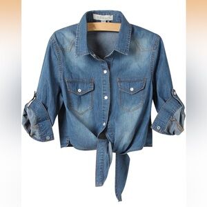 NWT, Ame lBelle Women's 3/4 Sleeve Tie Front Knot Shirt Chambray Denim Crop Top